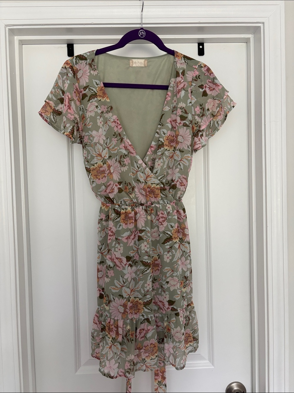 Altar'd State Sage Green Floral Wrap Mini Dress with Pink Blooms